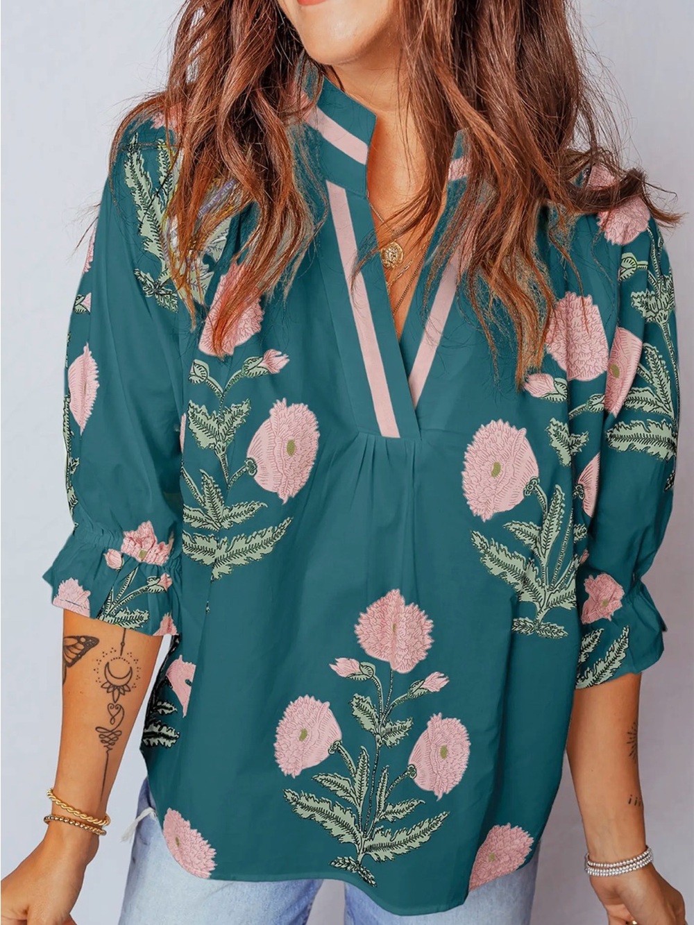 Boutique Floral Green Print Peasant Blouse